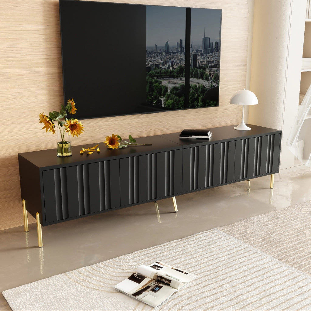 Mobile TV a 4 ante con 8 ripiani; piedini dorati alti 15 cm in MDF e pannello di particelle nero 190 × 38 × 48 cm
