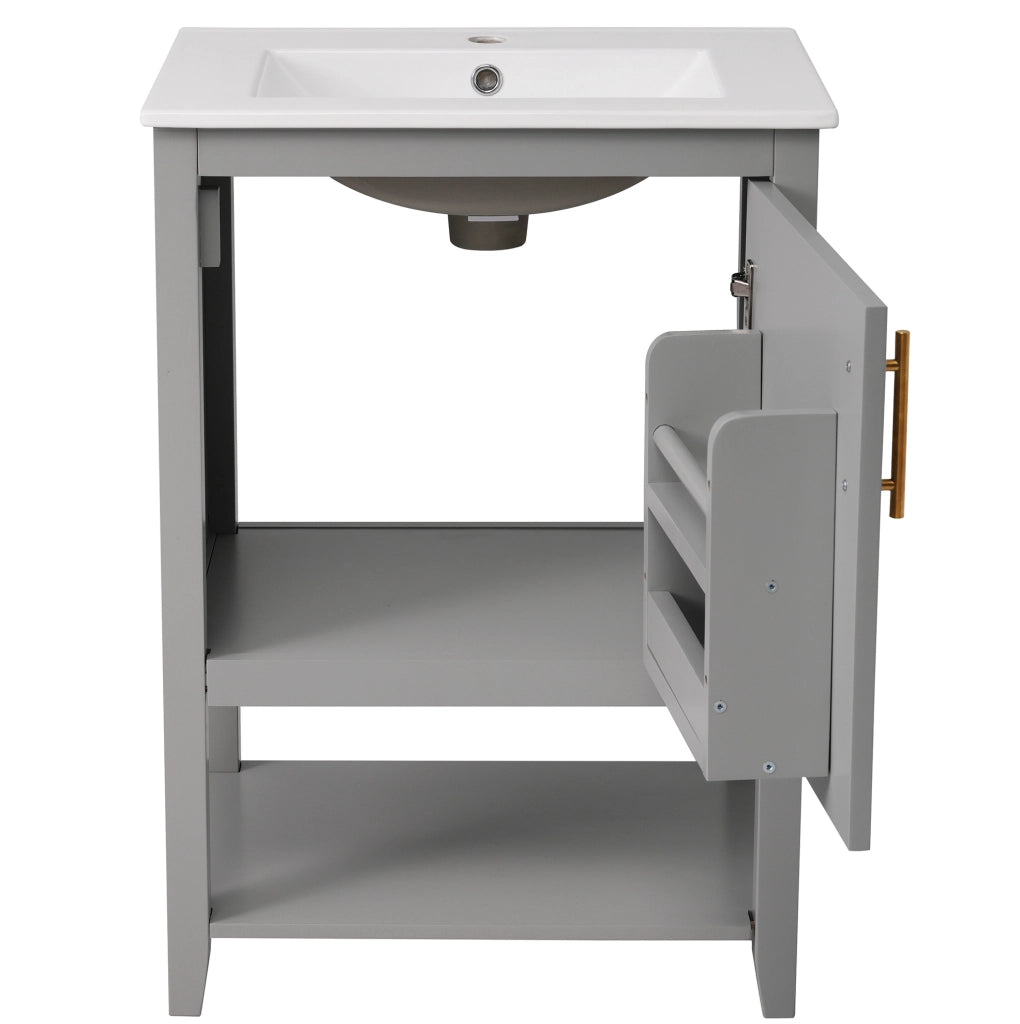 Mobile lavabo singolo 60 cm con lavabo in ceramica e ripiano, colore grigio chiaro