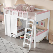 Letto a soppalco per bambini 90 × 200 cm con armadio, cassetto e illuminazione LED, senza materasso, bianco