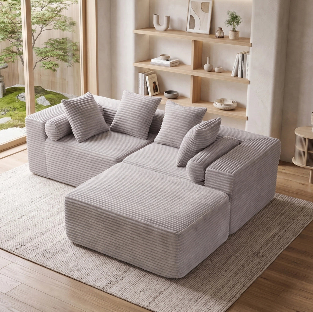 Divano modulare ULEVR grigio a 3 moduli con chaise longue, pronto all'uso senza montaggio