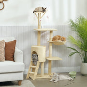 Tiragraffi beige con cuccia, piattaforme e giochi per gatti