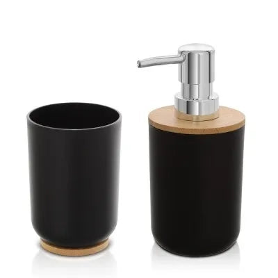 Set accessori bagno dispenser e portaspazzolini da appoggio nero abs e bambù Surf