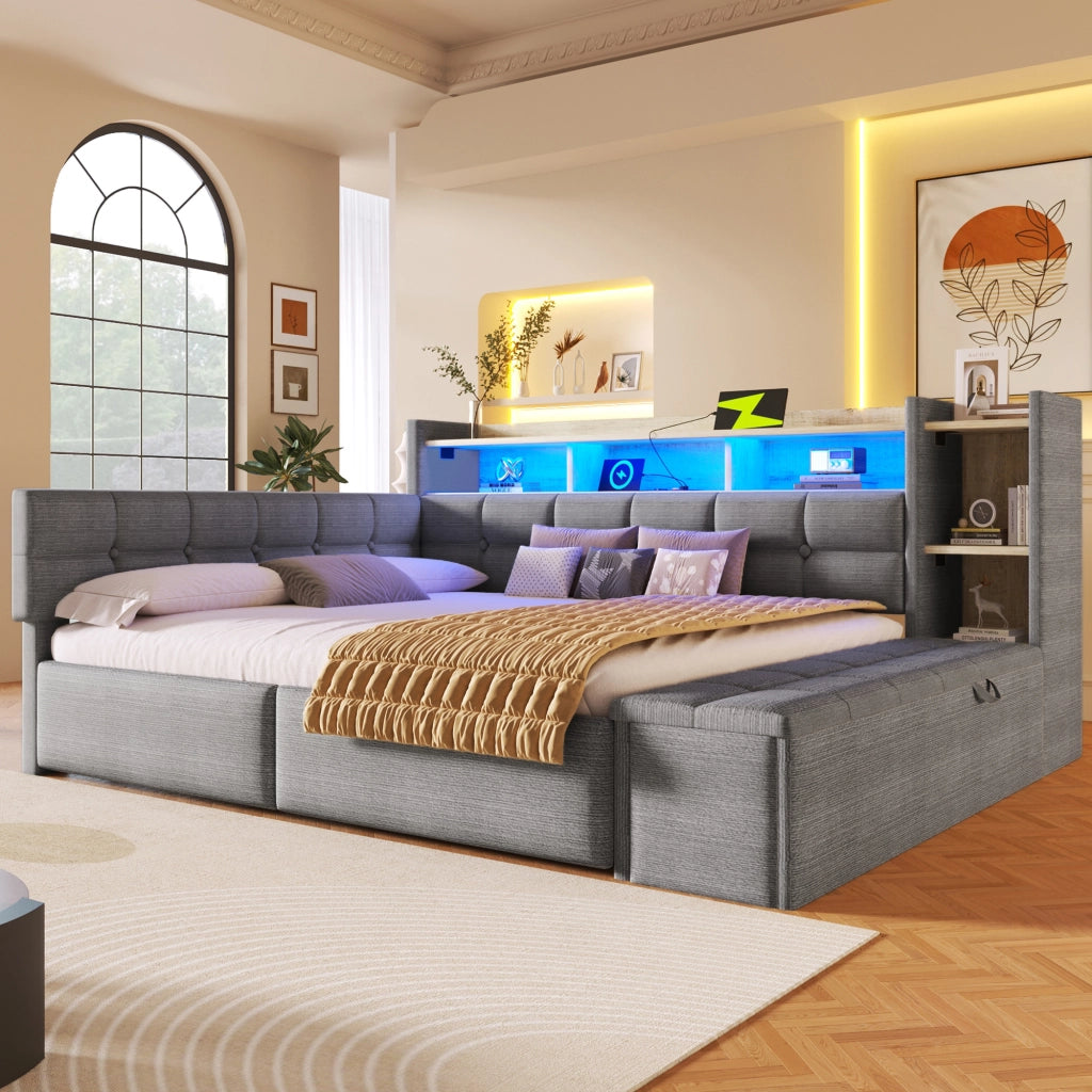 Divano letto 140 x 190 cm con LED e contenitori, USB/USB-C, letto imbottito in velluto grigio scuro con cassetti, ripiani e vani