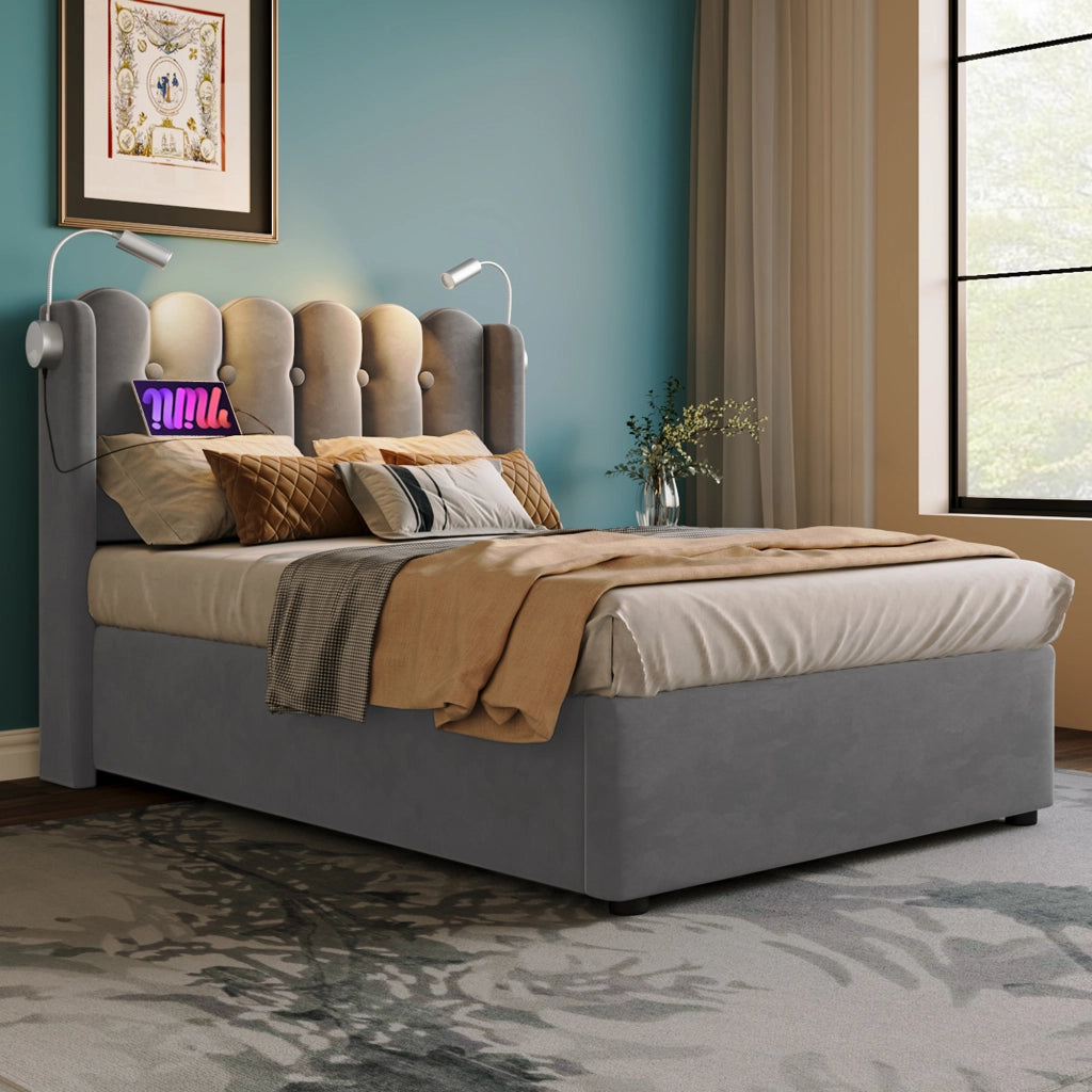 Letto singolo contenitore 90 × 200 cm in velluto grigio con luce da lettura usb testiera e rete a doghe