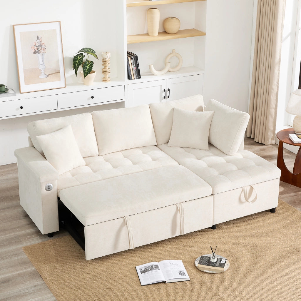 Divano angolare 3-4 posti con letto estraibile, contenitore e USB in chenille beige