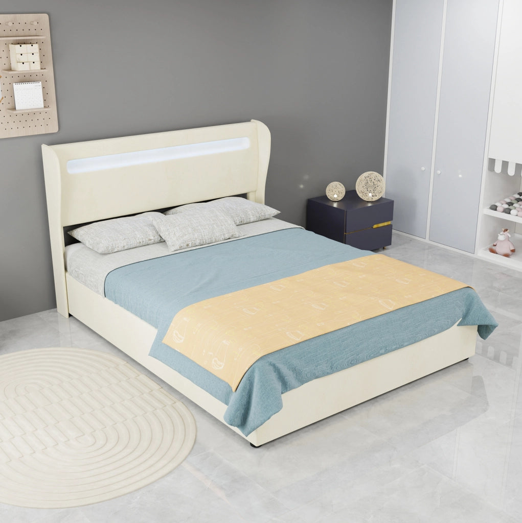 Letto imbottito con LED e testiera regolabile 140x200 cm beige