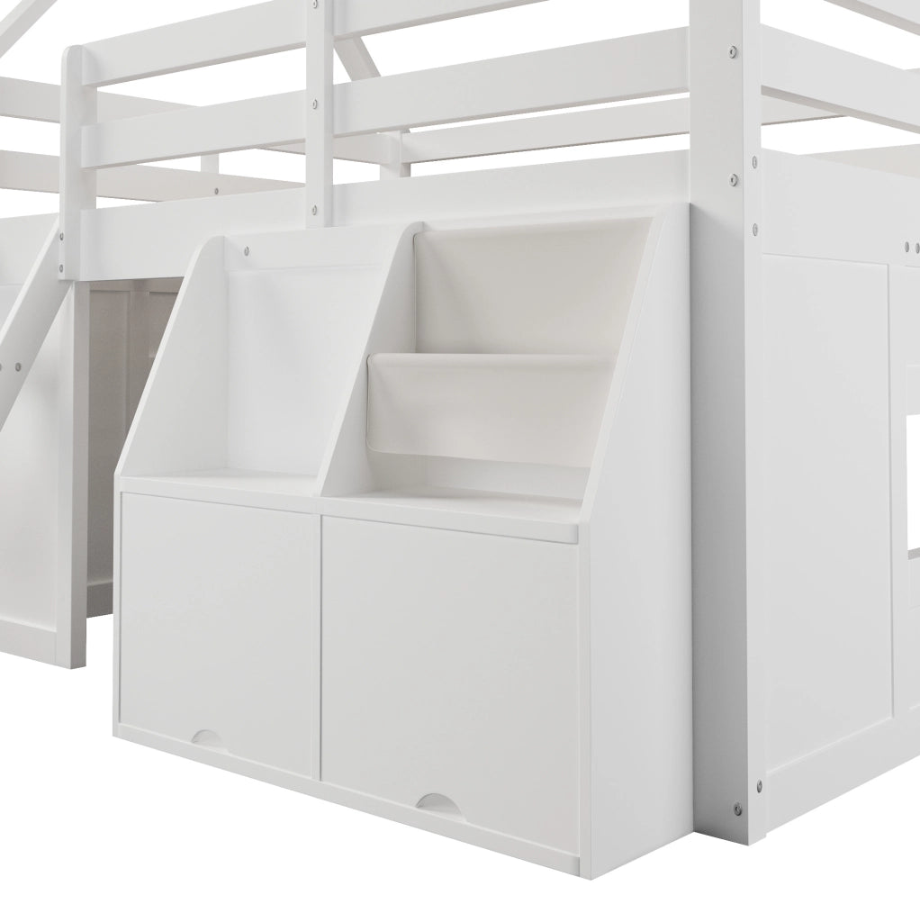 LETTO A SOPPALCO a Casetta 140x200 cm Bianco con Scala, LED e Contenitori