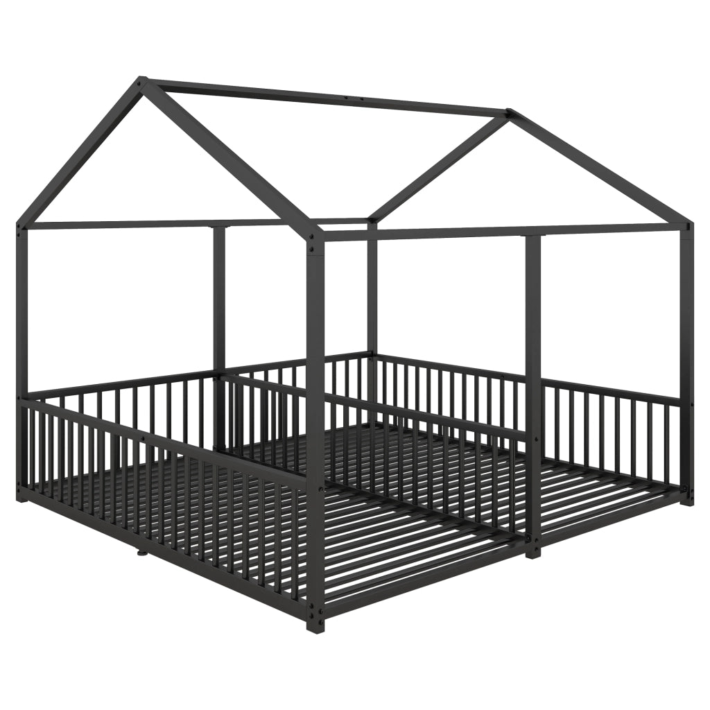 Letto gemellare a casetta in metallo 90x200 cm nero con sponde e scala per due bambini, senza materasso