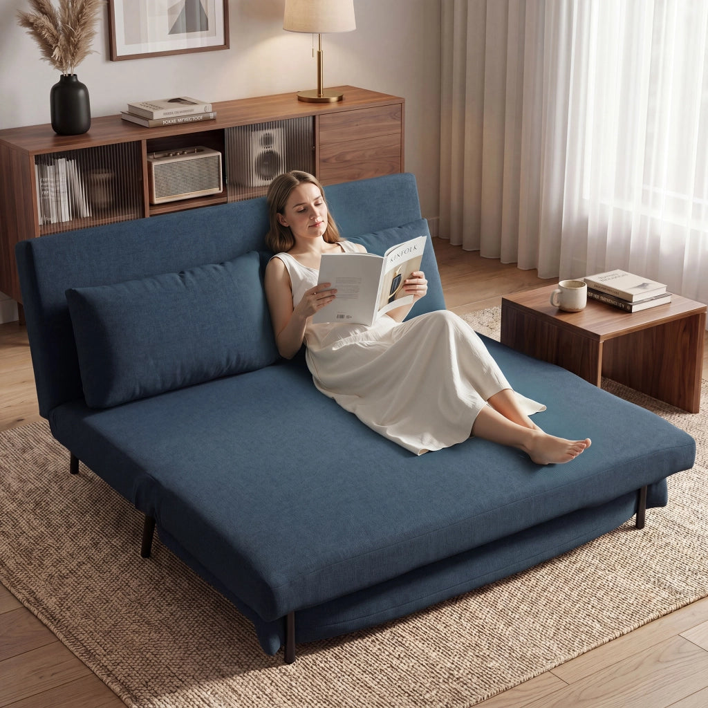 Divano Letto 3 in 1 ¨C Minimal ¨C Blu, Tessuto, Dossier Regolabile, Cuscino