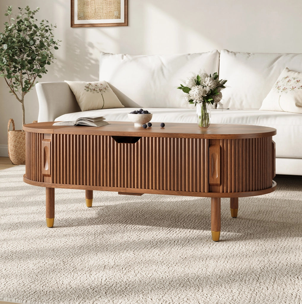Tavolino da salotto ovale 110x48x57 cm con piano sollevabile e ante scorrevoli color noce HOMVRA