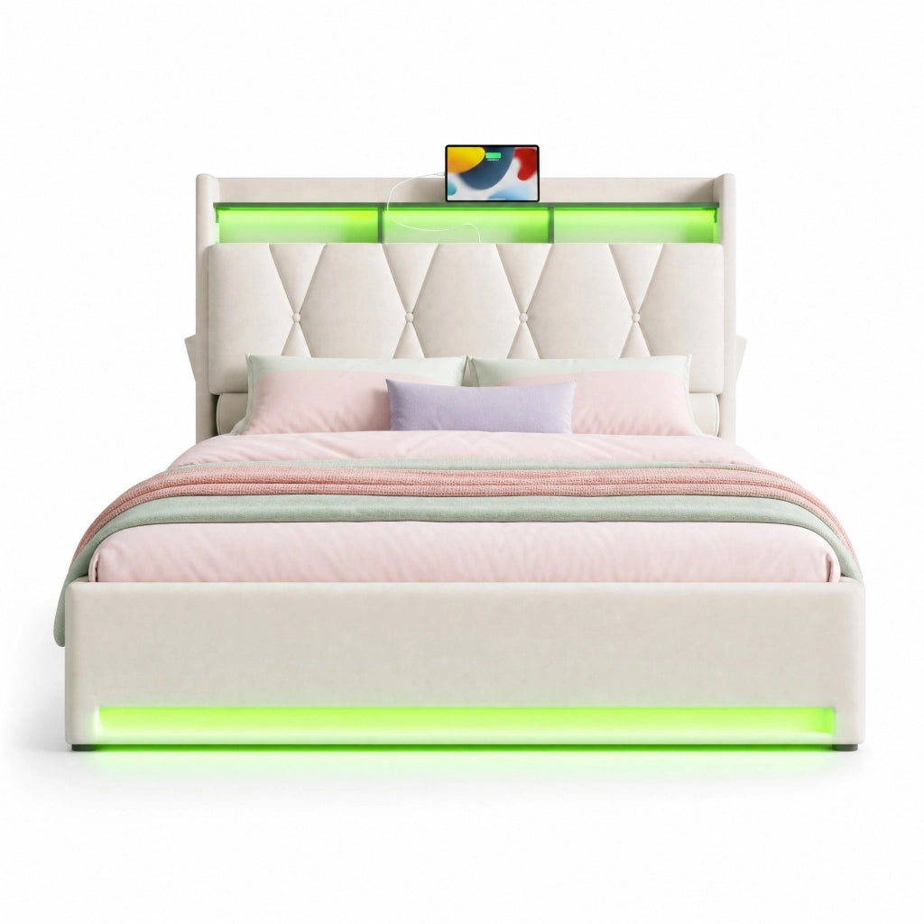 Letto 140x200 cm con contenitore idraulico, LED, USB e USB-C in velluto beige