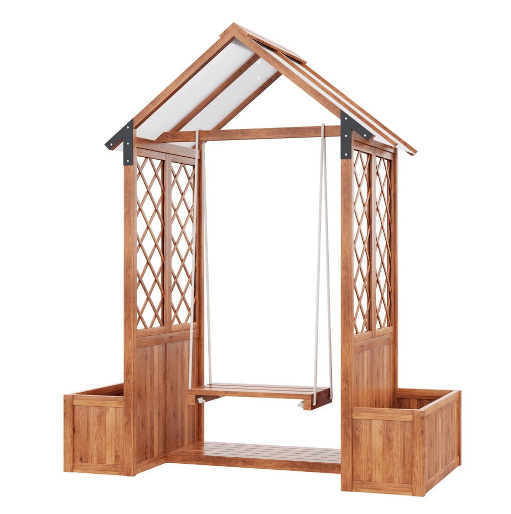 Vaso da giardino in legno massiccio di abete con pergola e tettoia in policarbonato, colore marrone, 163x142x70 cm