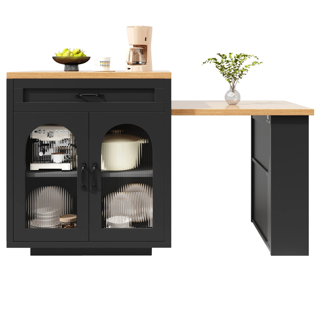 Isola da cucina con piano allungabile, 2 cassetti, ante in vetro e LED RGB per cucina, nera, 126–196 × 59 × 94 cm