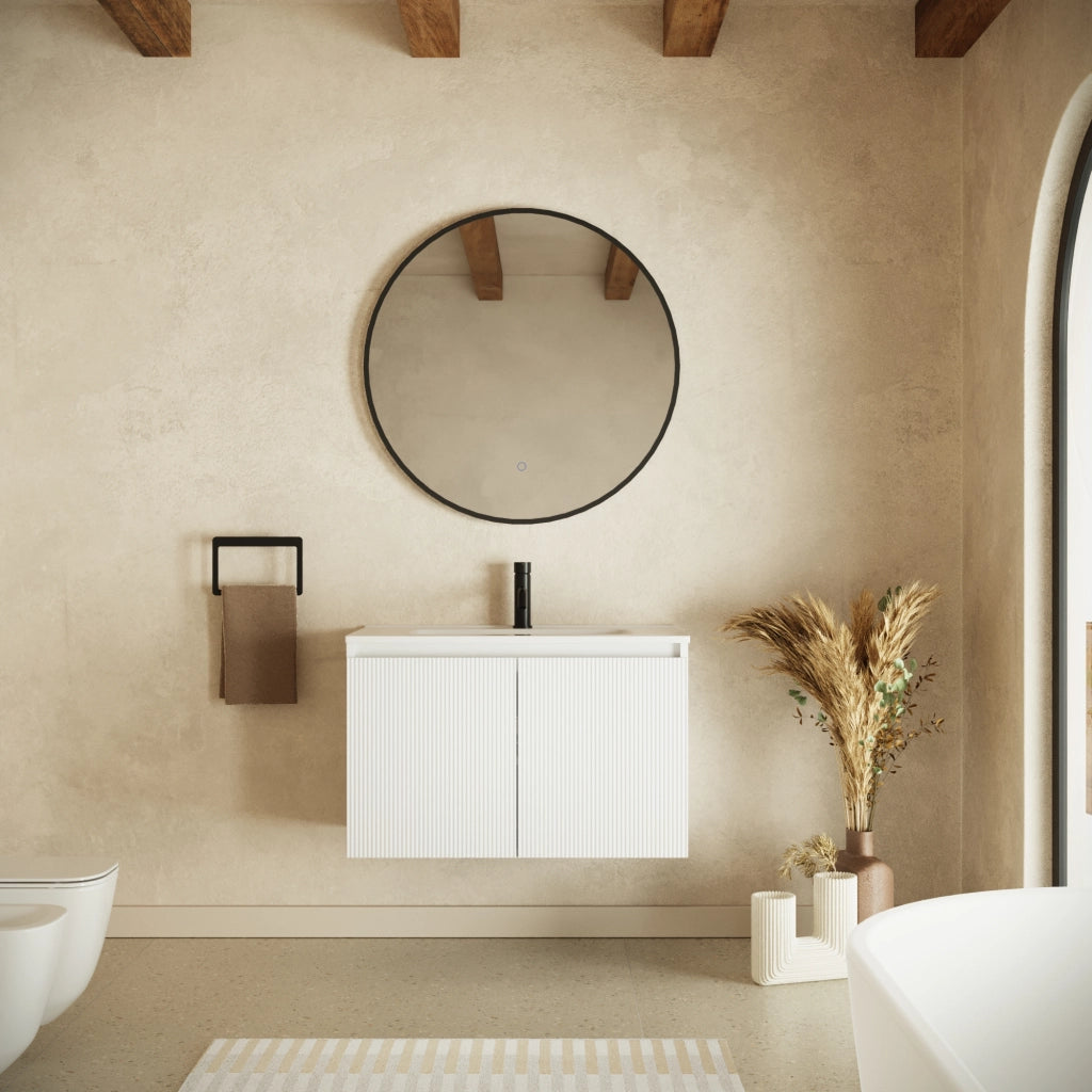 Mobile bagno sospeso 80cm due ante bianco opaco cannettato con lavabo bianco lucido | Pelion