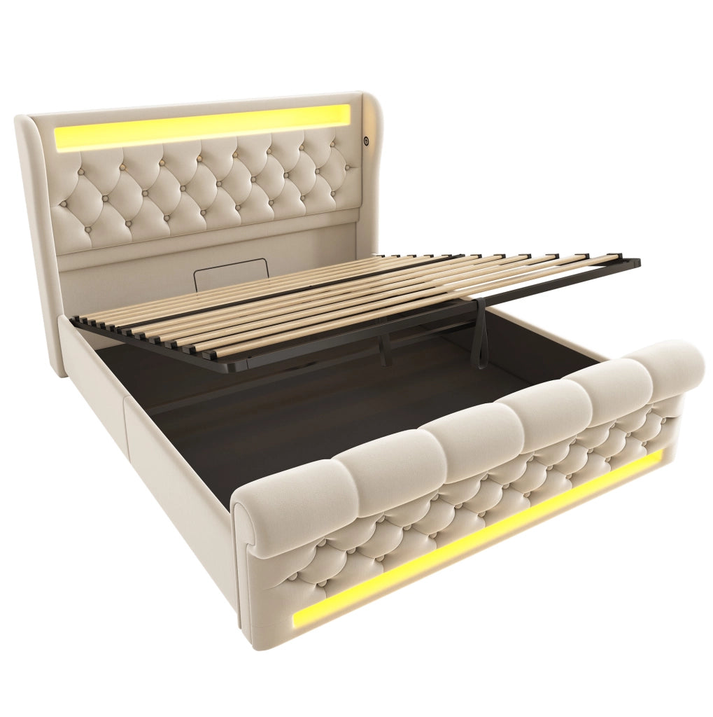 Letto imbottito 140x190 cm con contenitore idraulico, LED e USB-C, velluto beige