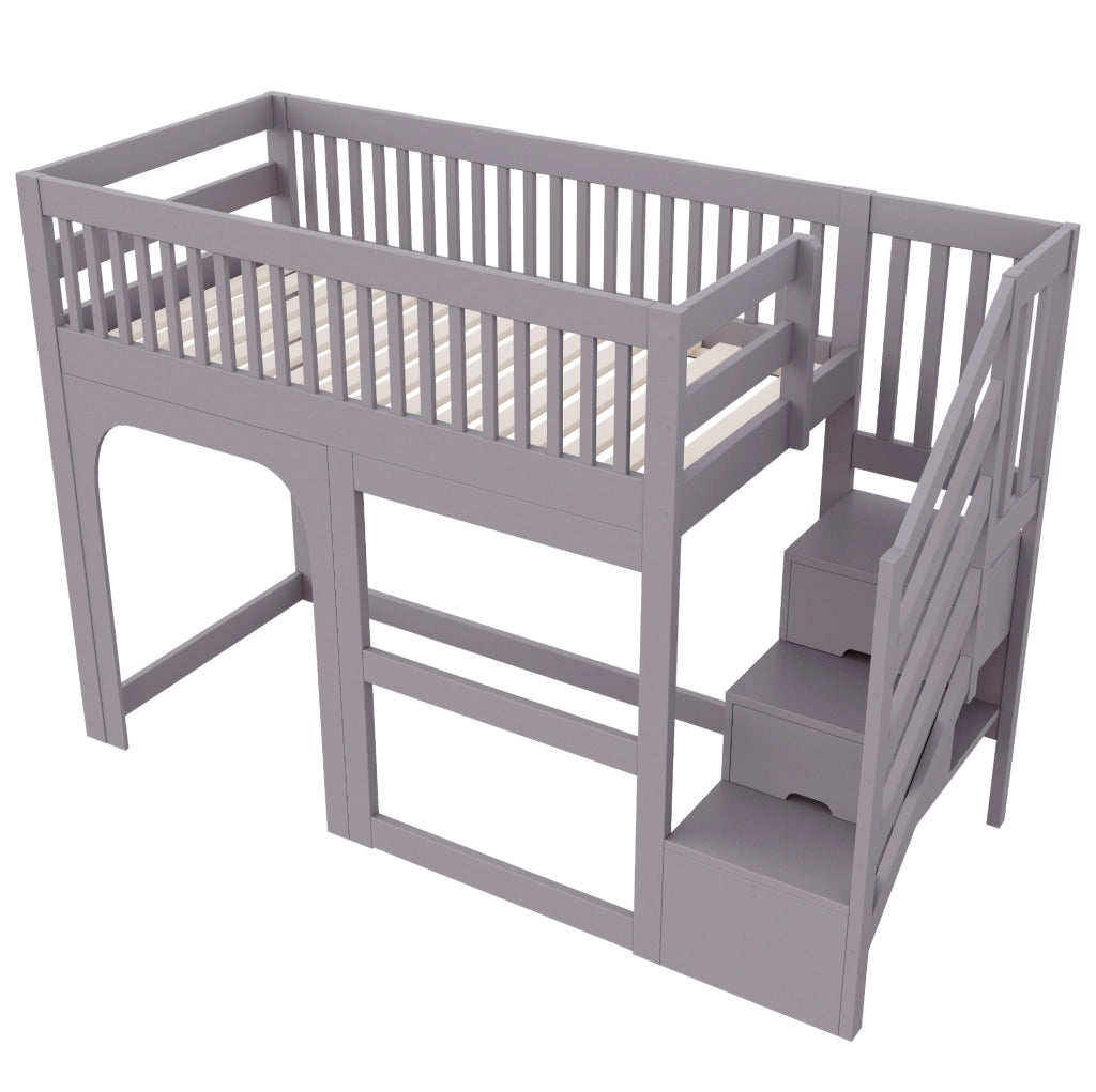 Letto a soppalco per bambini 90x200 cm con scala contenitore, LED e sponde grigio