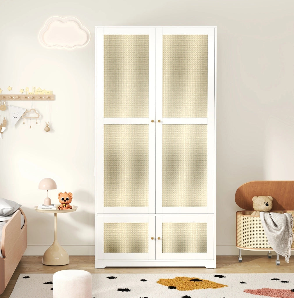 Armadio a Due Ante in Legno 90 x 48 x 180 cm con Ante in Rattan Bianco - Ideale come regalo per Halloween e Natale