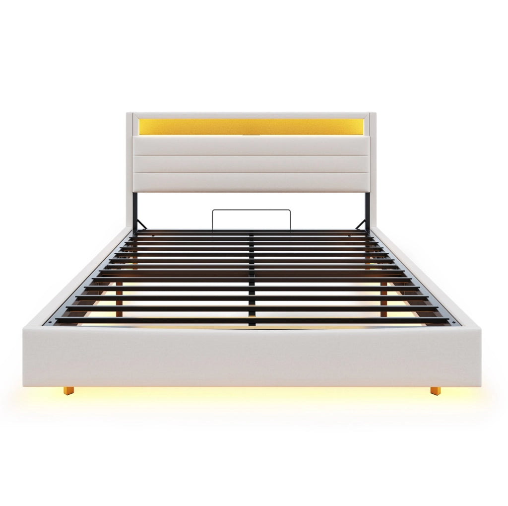 LETTO Imbottito 160x200 cm Beige con USB, LED e contenitore idraulico