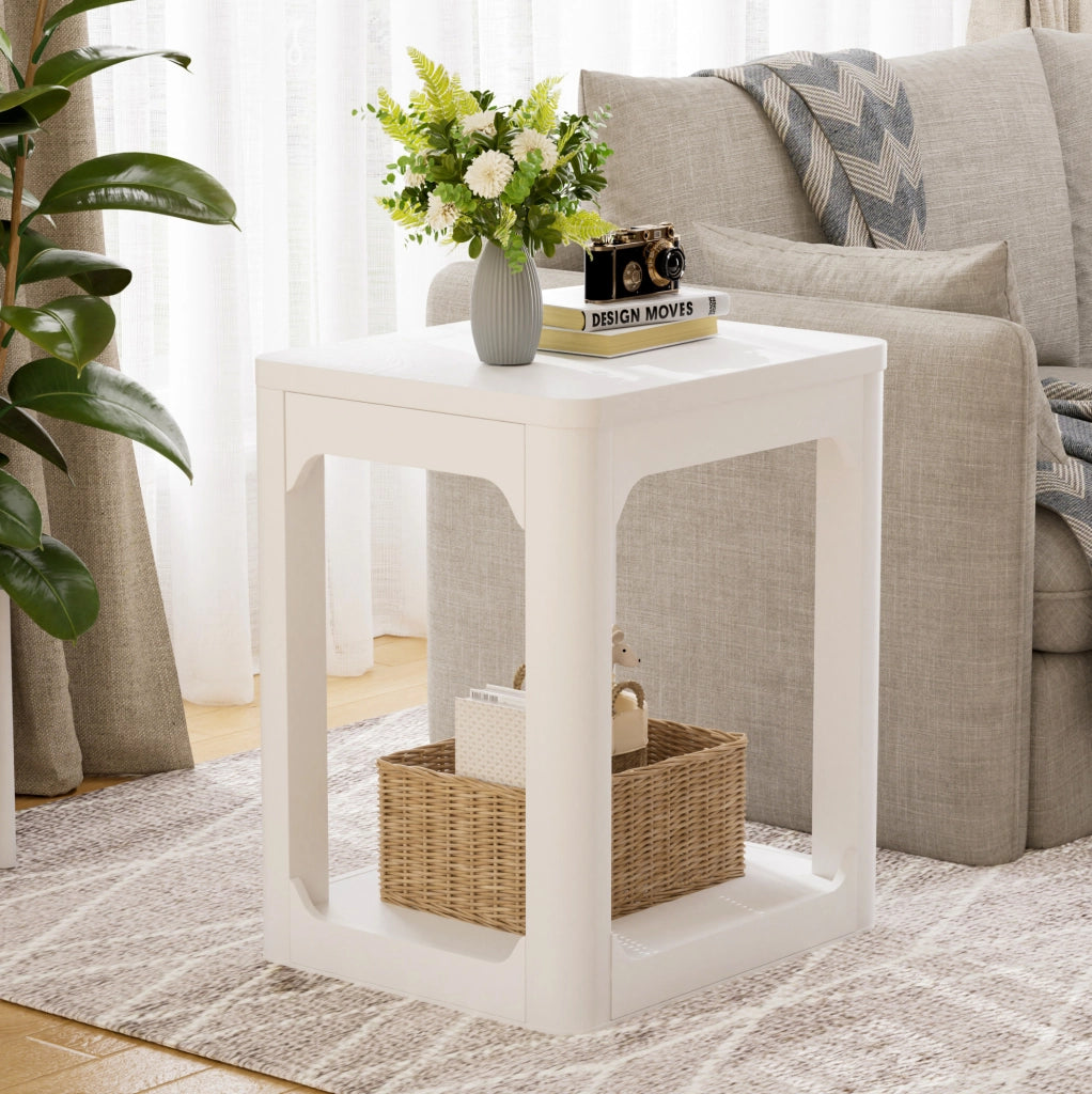 Set di 2 Tavolini Laterali Bianchi con Piano da 3 cm e Doppio Ripiano, 50x40x60 cm