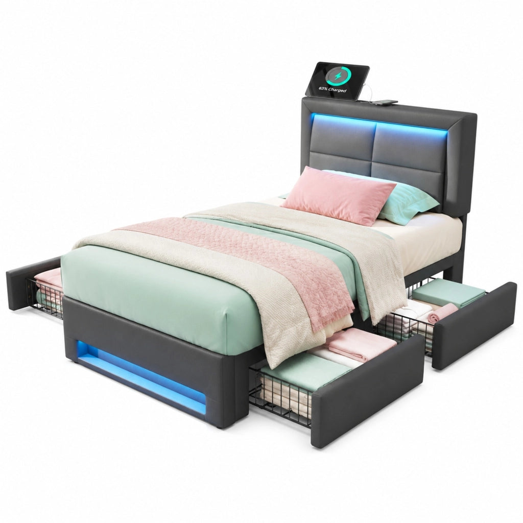 Letto imbottito singolo 90x200 cm con LED, USB e 4 cassetti