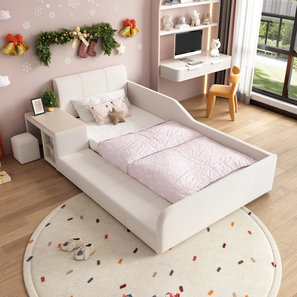 Letto singolo con scrivania e sgabello in velluto bianco 90x200 cm