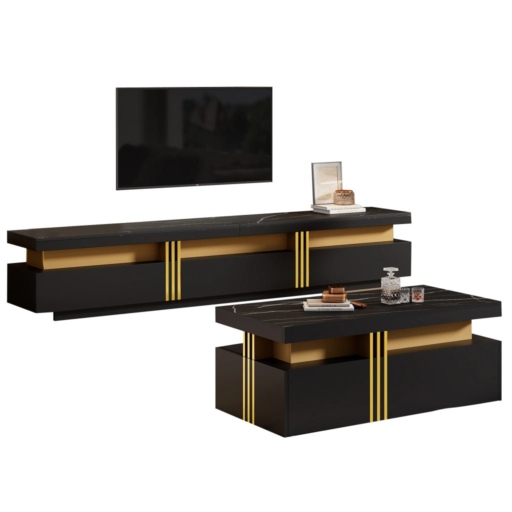 OKWISH Set 1 Mobile TV e 1 Tavolino da Salotto, con 3 Cassetti e 2 Cassetti, Pannelli di Truciolare Nero