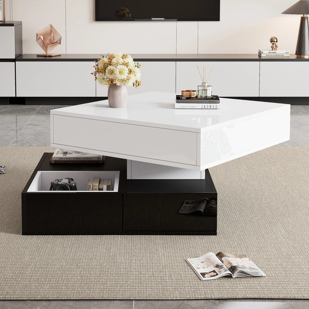 Tavolino da salotto quadrato con piano elevabile girevole, 3 cassetti e vani, bianco e nero, 70 × 70 × 40 cm