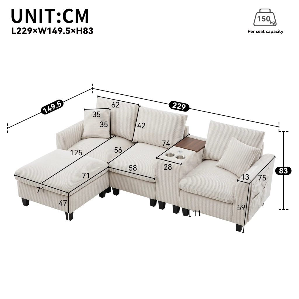 Divano angolare a L 4 posti 229 cm con pouf contenitore; console USB e portabicchieri; velluto a coste beige