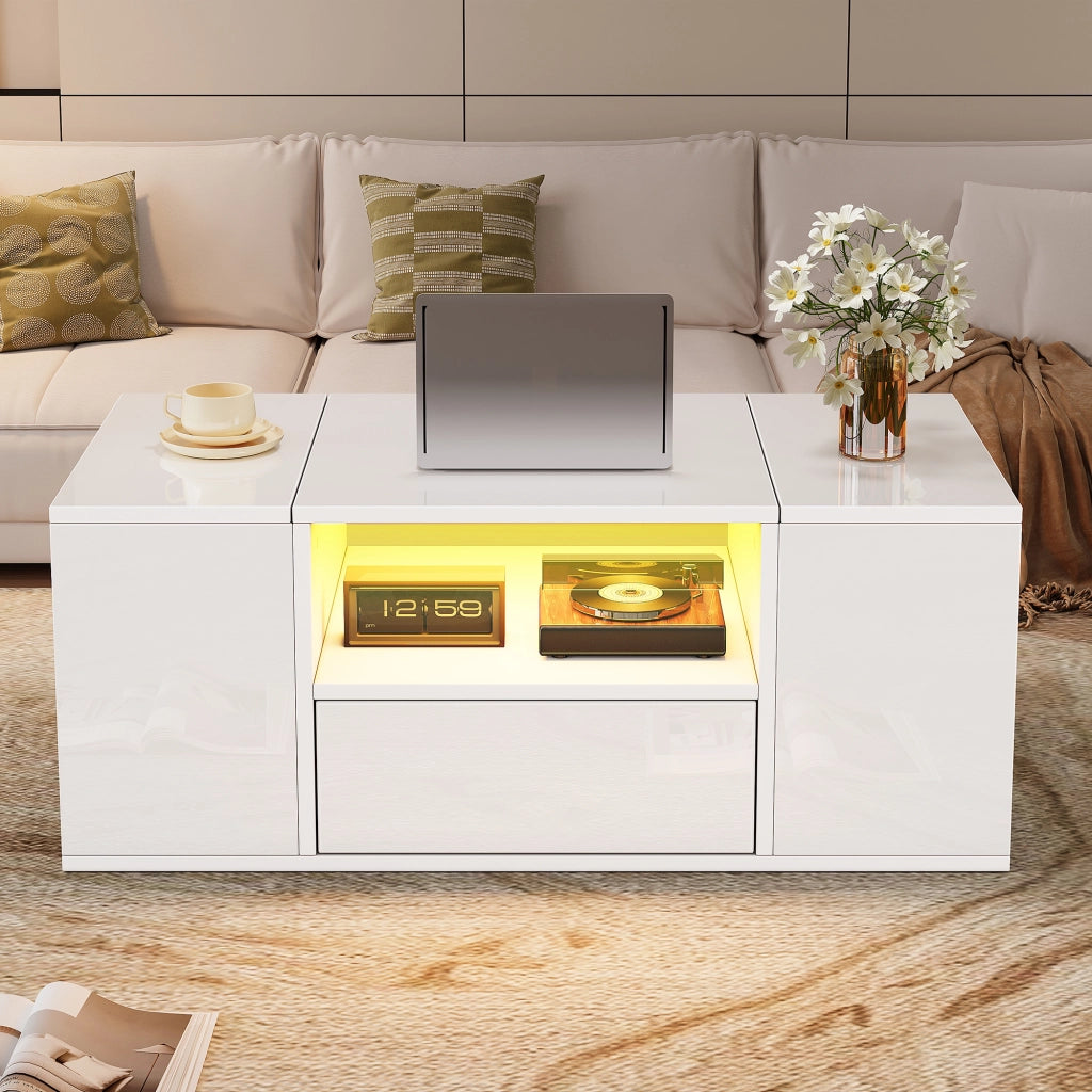Tavolino da salotto LED con 1 cassetto, 2 ante e 6 vani, finitura bianca lucida per soggiorno, 100 × 50 × 40 cm