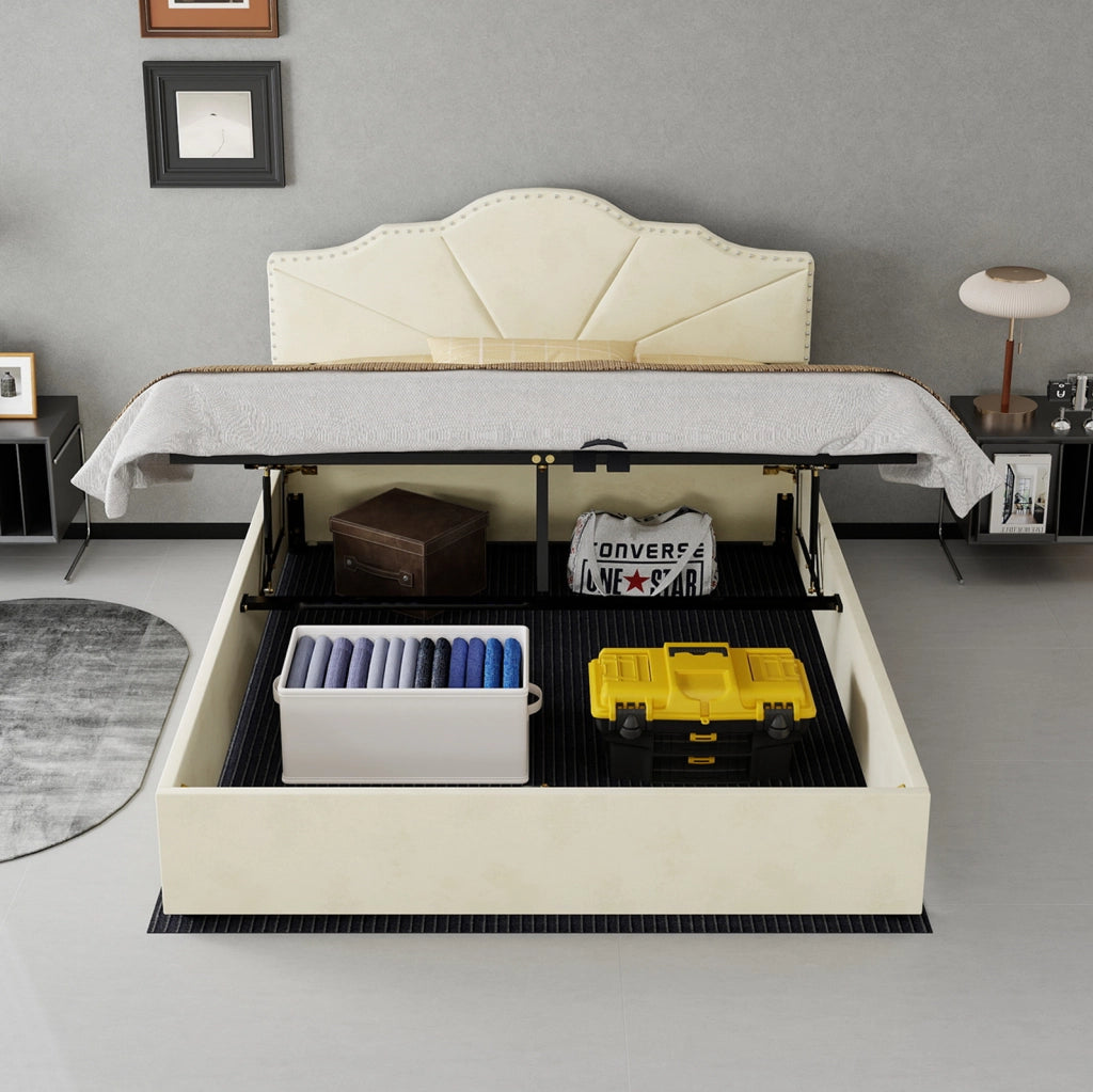 Letto moderno beige 140x200 cm con testiera imbottita e contenitore con pistoni idraulici, struttura in legno multifunzionale senza materasso