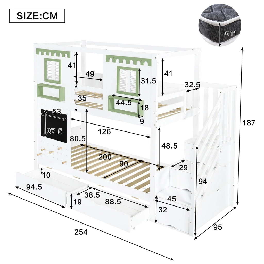Letto a castello 90x200 cm bianco e verde con 2 cassetti; scala contenitore e pannello con ganci