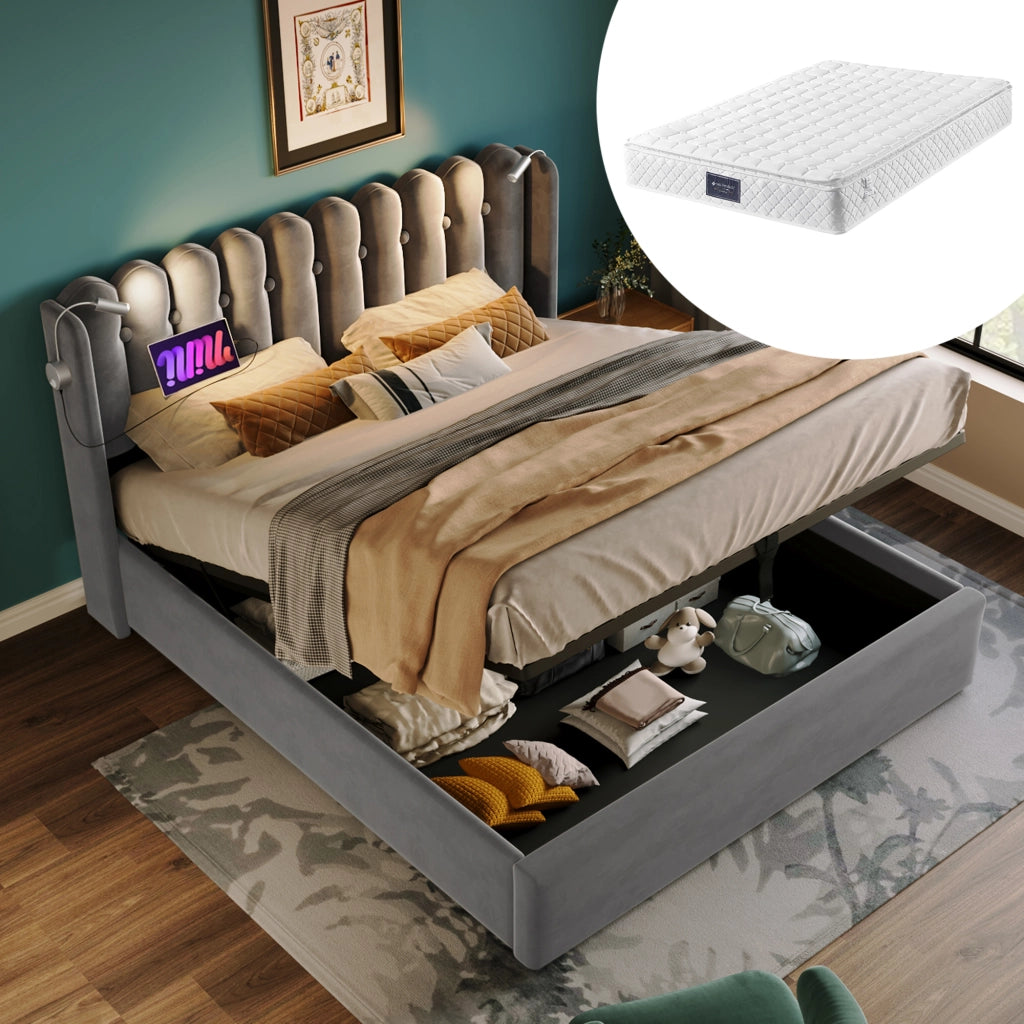 Letto contenitore matrimoniale 140×200 cm con luce da lettura, USB e vano sollevabile, materasso incluso, velluto grigio