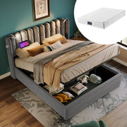 Letto contenitore matrimoniale 140×200 cm con luce da lettura, USB e vano sollevabile, materasso incluso, velluto grigio