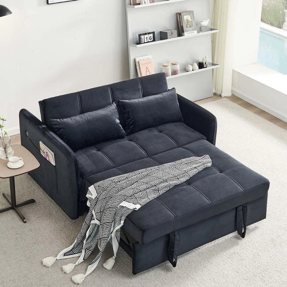 Divano letto Clorene in velluto nero con tasche e presa USB laterale