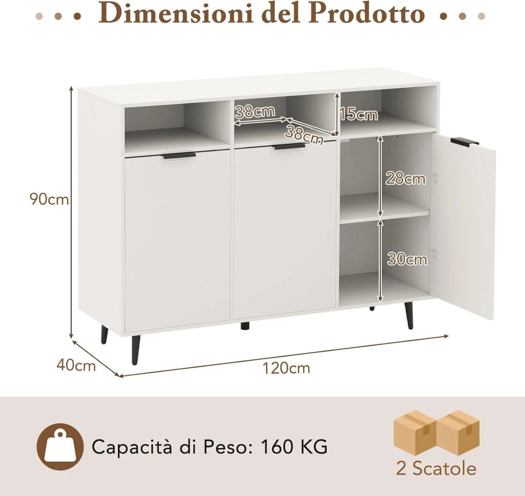 Credenza Buffet da Cucina con 3 Ante e 3 Ripiani Regolabili a 5 Livelli, Credenza Bassa con 3 Scomparti Aperti, Mobile Buffet per Salotto e Soggiorno, 120 x 40 x 90 cm, Bianco