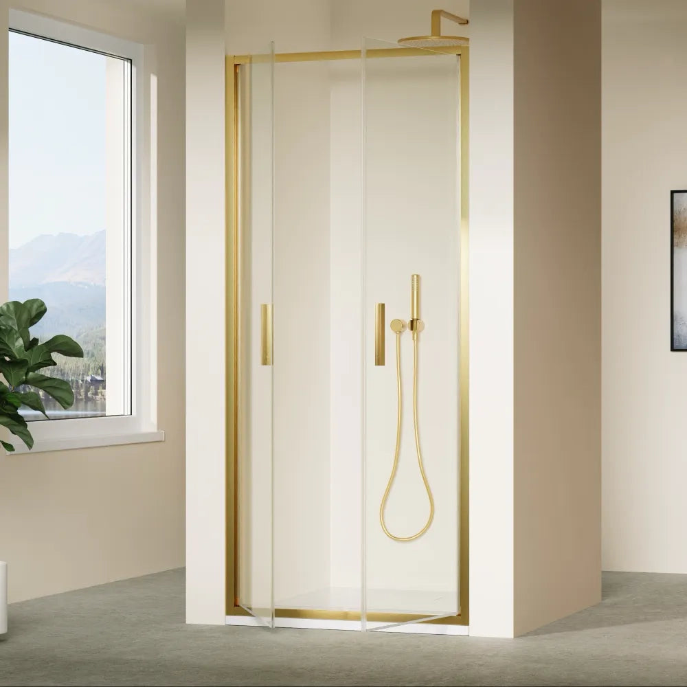 Porta doccia 80cm con apertura saloon profili slim oro spazzolato vetro 6mm trasparente anticalcare h190 | Portofino