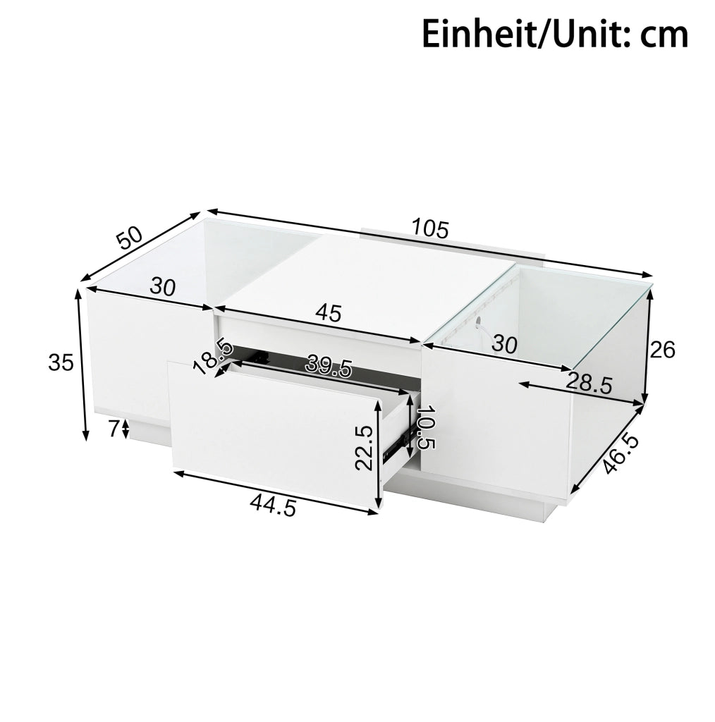 Tavolino moderno bianco 105x50x35 cm con ripiani in vetro, LED RGB e 2 cassetti