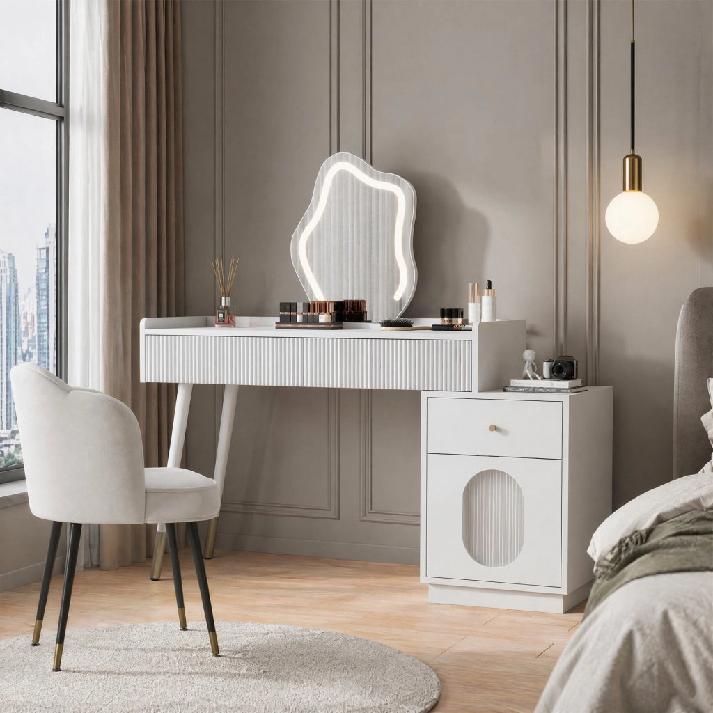 Toeletta bianca con illuminazione LED, 2 cassetti e armadietto