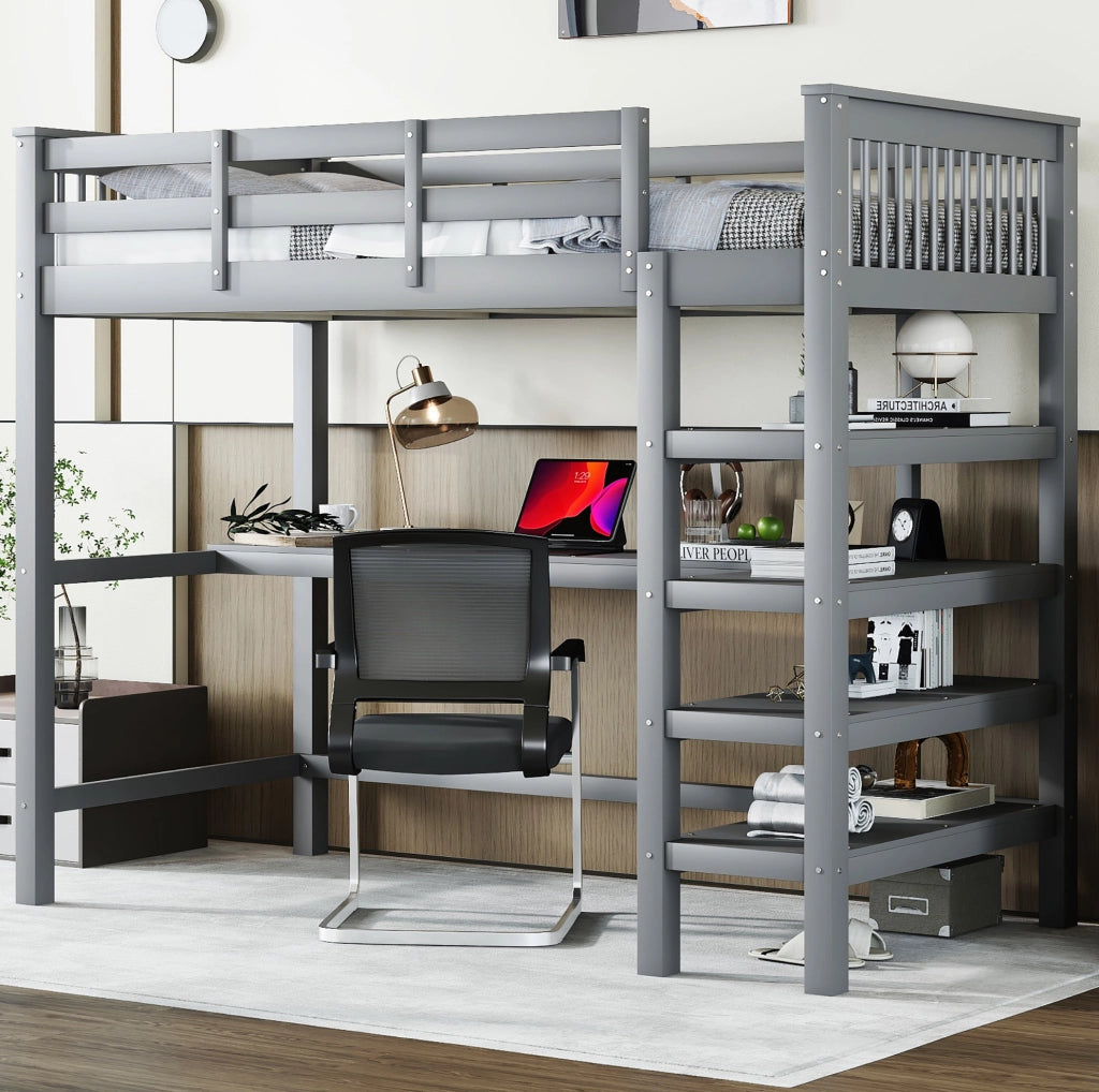 Letto a soppalco 90x200 cm con scrivania e ripiani; grigio