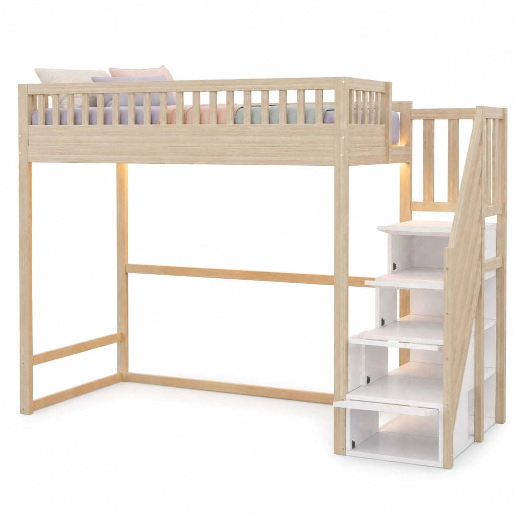 Letto a soppalco con scala reversibile con contenitore LED in legno