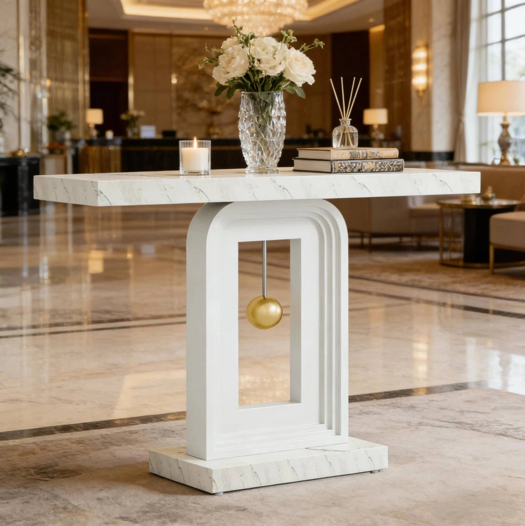 Tavolo consolle stretto 100 cm con piano in marmo bianco e struttura in MDF HOMVRA