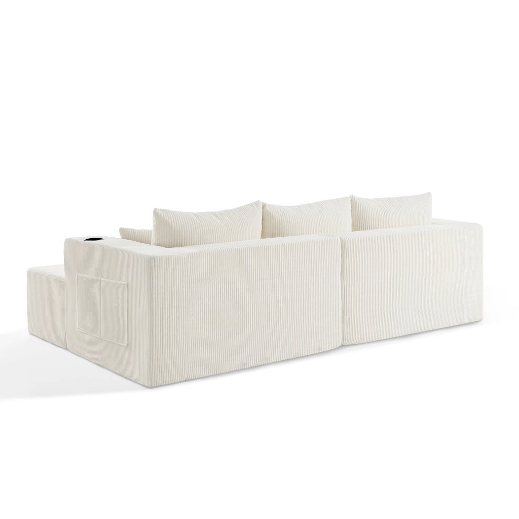 Divano angolare modulare 3 posti con 2 pouf mobili in velluto a coste beige