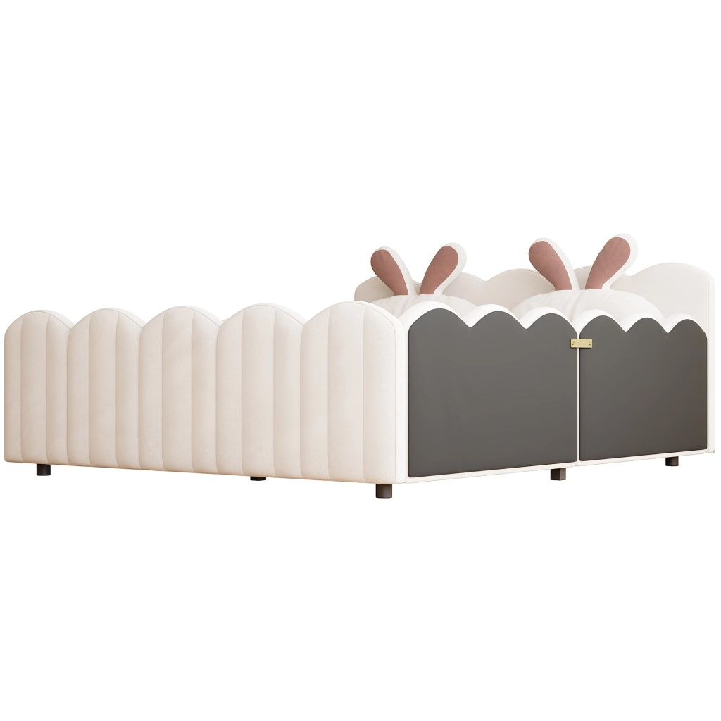 Letto imbottito 140 × 200 cm con sponde di protezione e cuscino a orecchie di coniglio beige