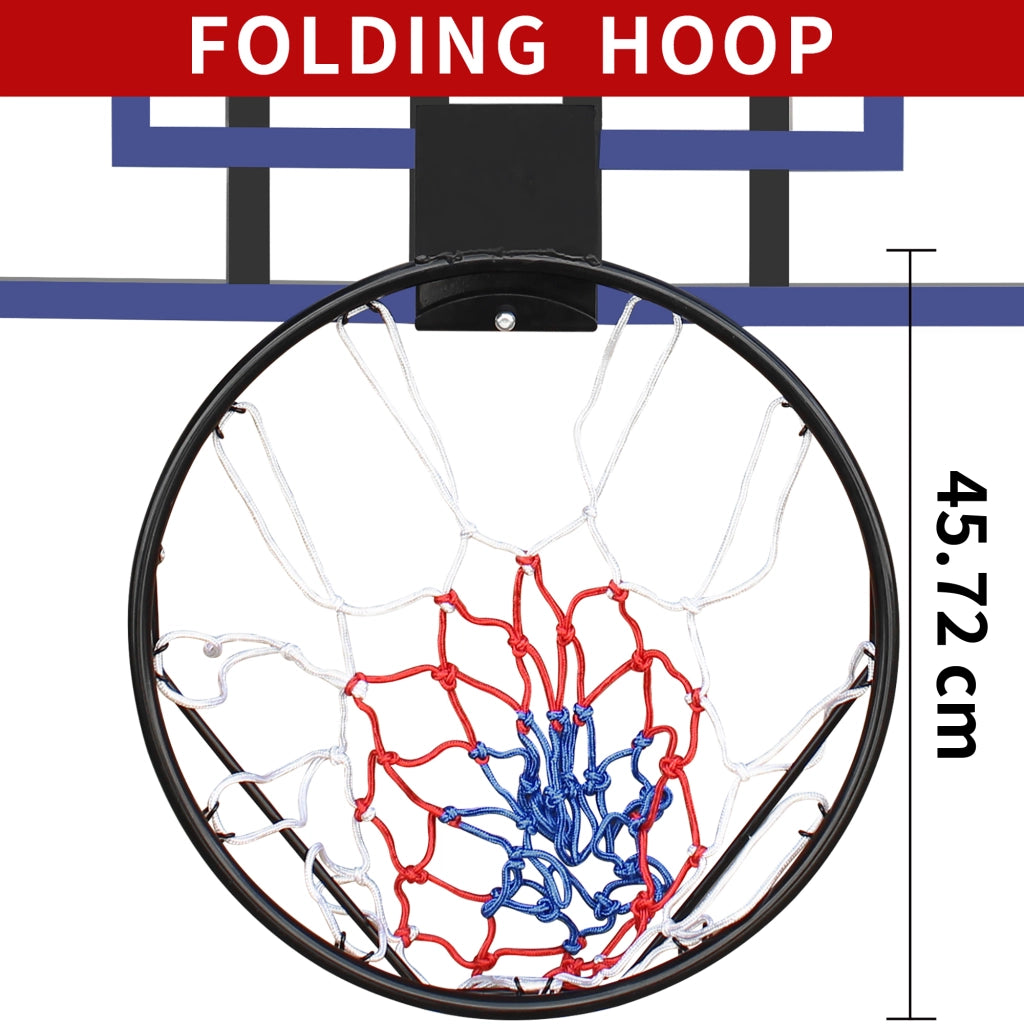 Canestro da basket da parete con tabellone 112 × 72 cm cerchio elastico da 45.72 cm nero e blu