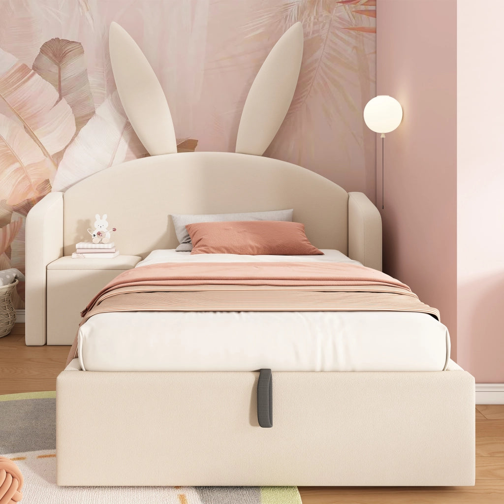 Letto imbottito 90x190 per bambini in velluto beige con testiera a orecchie da coniglio e comodino