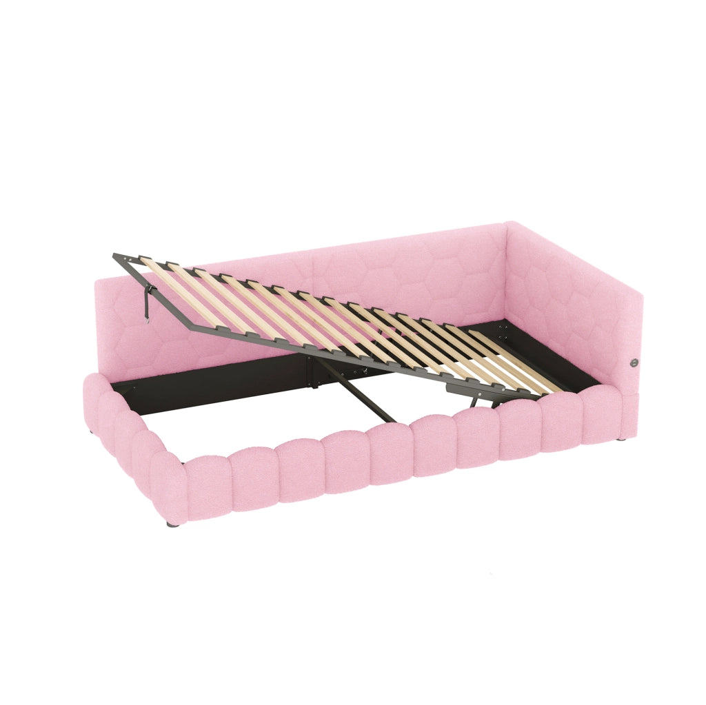 Letto da giorno 90x200 cm con contenitore idraulico, LED, USB e USB-C rosa