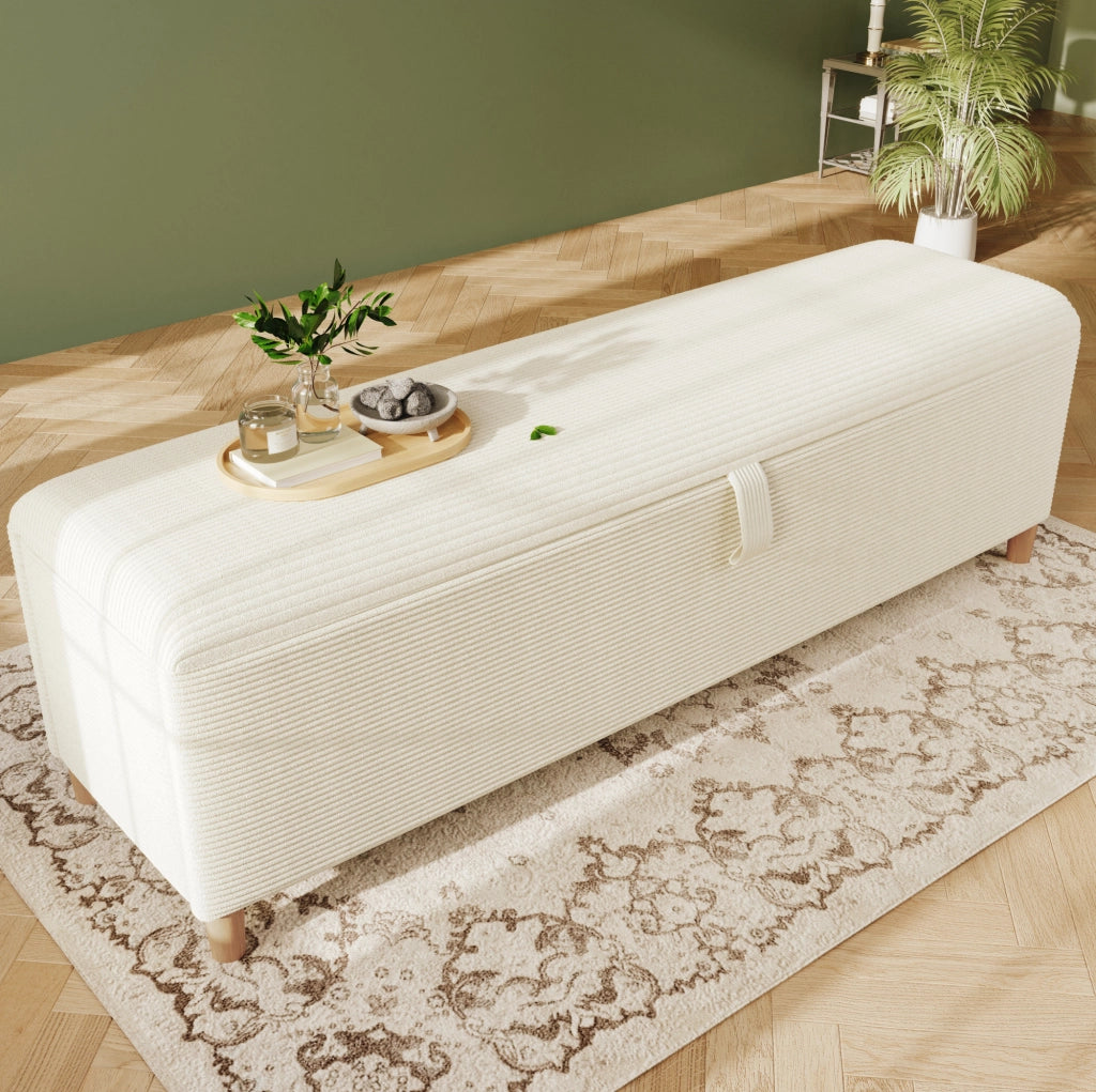 Panca contenitore 145x38 cm beige in tessuto a coste con apertura idraulica