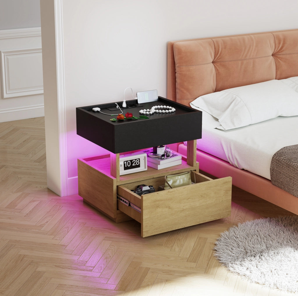 Comodino smart con ricarica wireless, LED, USB e 2 cassetti