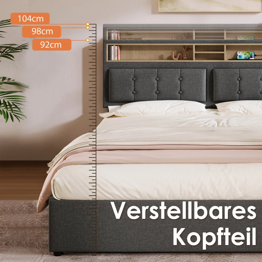 DESMIU Lit coffre 140 × 200 cm 2 posti con USB, Type-C e prese, testiera regolabile, senza materasso, grigio