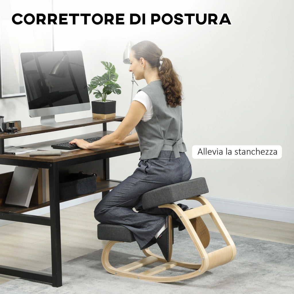 Sedia Ergonomica con Inginocchiatoio 51x69x58 cm in Legno di Betulla e Cuscini Grigio